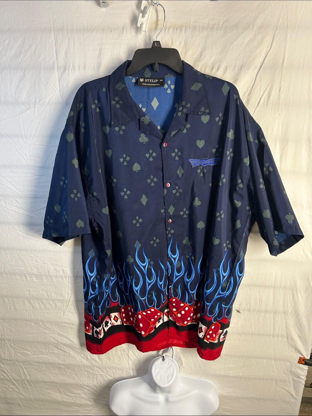 Men's Navy Short-Sleeve Button-Down Shirt with Blue Flames & Red Dice